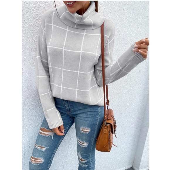 Grey Grid Printed Long Sweater Plaid Pattern Split Sides Pullover Turtleneck - Picture 7 of 16
